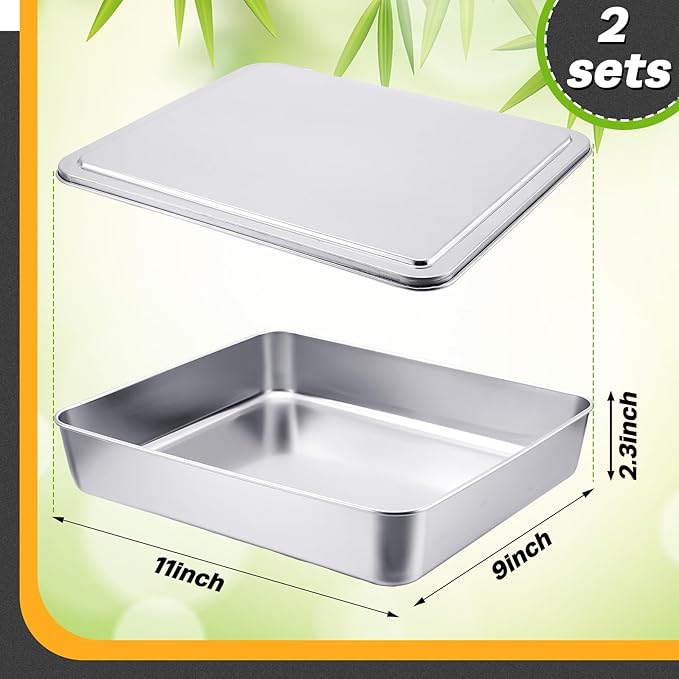 2 Sets Stainless Steel Cake Pan with Lid 9 x 11 Inch Rectangle Bread Loaf Pans with Cover Rectangle Baking Bakeware for Bread Cake Brownies, Dishwasher Safe (Classic Style)