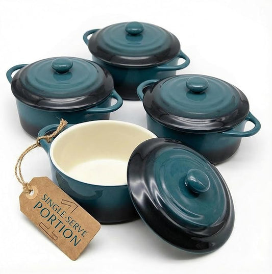 Kook Ceramic Mini Cocotte Set, Small Casserole Dishes with Lids and Handles, Individual Baking Ramekins, Oven safe 500F, Microwave & Dishwasher Safe, Stoneware, 12 oz, Set of 4, (Stone Ombre)