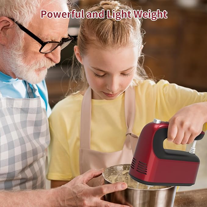 9-Speed Digital Hand Mixer Electric, 400W Powerful DC Motor, Hand Mixer Electric Handheld with Snap-On Storage Case, 5 Stainless Steel Accessories, Beaters, Dough Hooks, Whisk(Red)