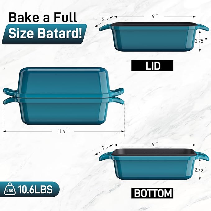Enameled Cast Iron Sourdough Bread Dutch Oven, 9x5 Inch Loaf Cast Iron Bread Pan for Homemade Bread Baking, Sourdough Baking Pans, Meatloaf Pan with Lid, 2 Piece set, Emerald