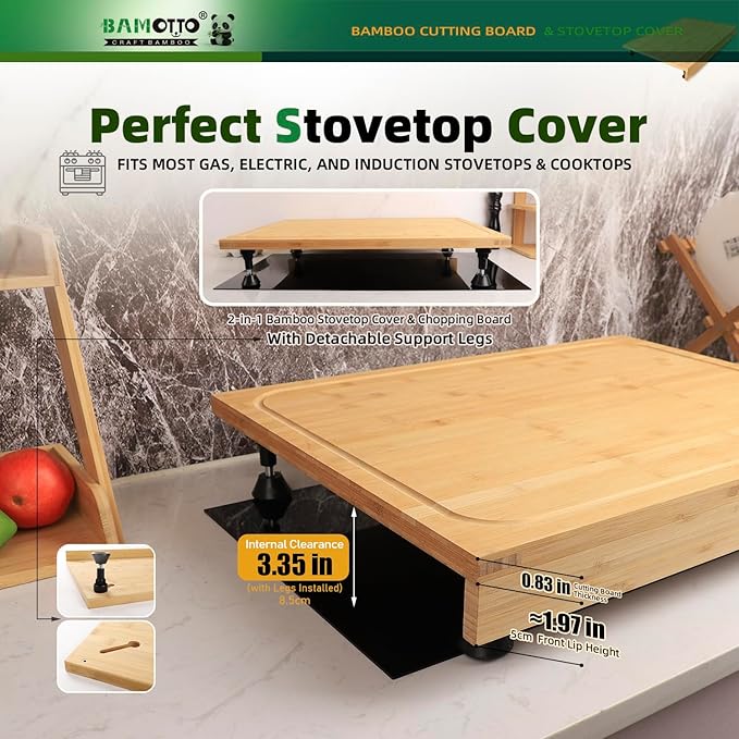 24 x 18 Inch Large Bamboo Cutting Board and Stovetop Cover, Over-the-Sink Board with Detachable Support Legs & Secure Front Lip, Carving and Pasta Board