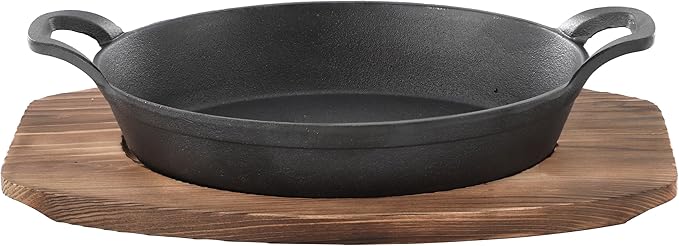 Megachef Cast Iron Mini Oval Pan/Saute Pan with Wood Tray, Cookware, Bakeware, Serveware (1 Piece)