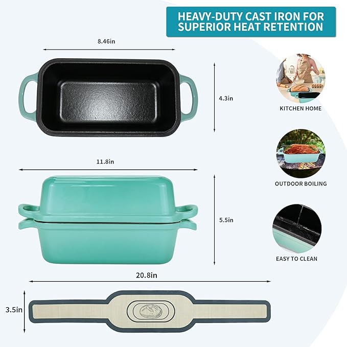Blisswave Cast Iron Bread Pan with Lid - 2-in-1 Dual Set, Includes 2 Bread Mats - Bread Baking Pan for Homemade Bread, Cakes, Patties - Even Heating - 2-Piece Set (Lake Blue)