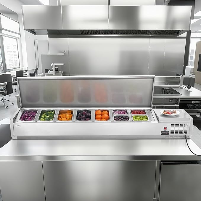 VEVOR Refrigerated Condiment Prep Station, 140 W Countertop Refrigerated Condiment Station, with Five 1/3 Pans & Four 1/6 Pans, 304 Stainless Body and PC Lid, Sandwich Prep Table with Stainless Guard
