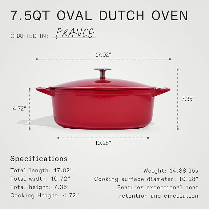 Made In Cookware - Oval Dutch Oven 7.5 Quart - Red - Enameled Cast Iron - Exceptional Heat Retention & Durability - Professional Cookware - Crafted In France - Induction Compatible
