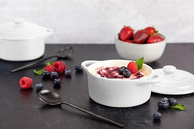 Kook Ceramic Mini Cocotte Set, Small Casserole Dishes with Lids and Handles, Individual Baking Ramekins, Oven safe 500F, Microwave & Dishwasher Safe, Stoneware, 12 oz, Set of 4, (Swiss White)