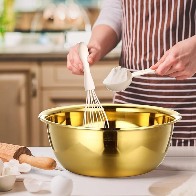 Baderke 7 Psc Gold Mixing Bowls Set 13.4 Inches 8 Qt Large Stainless Steel Prep Bowl with Spatula Basting Brush Egg Whisk &10 Measuring Spoons for Baking Kitchen Mixing Serving Storage