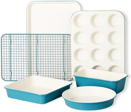 CAROTE 6-Piece Nonstick Ceramic Baking Pans Set - Bakeware Sets Including Cookie Sheets for Baking, Muffin Pan, Bread Pan, Cake pan, Loaf Pan, Cooling Rack, Light Blue & Cream White