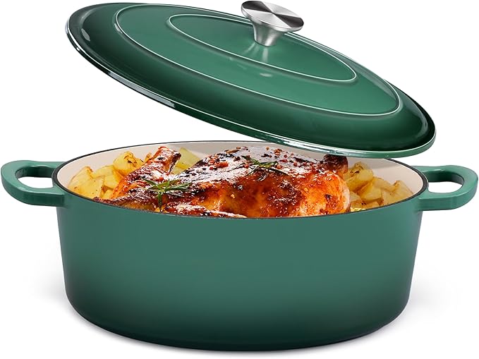 P&P CHEF Oval Dutch Oven with Lid, Enameled Cast Dutch Oven Pot for Bread Baking, Braising, Stewing, Roasting, Non-Stick & Oven Safe, Dual Handles & Easy Clean, 5QT & Dark Green, Valentine's Day