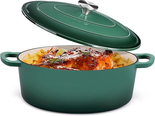 P&P CHEF Oval Dutch Oven with Lid, Enameled Cast Dutch Oven Pot for Bread Baking, Braising, Stewing, Roasting, Non-Stick & Oven Safe, Dual Handles & Easy Clean, 5QT & Dark Green, Valentine's Day