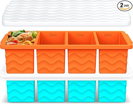 Doasuwish Silicone Freezer Tray for Soup with Lid – 1-Cup Soup Container Cube Style Ice Cube Trays for Freezer, Meal Prep & Food Storage, Freeze 250mL/125mL Portions – 2 Pack