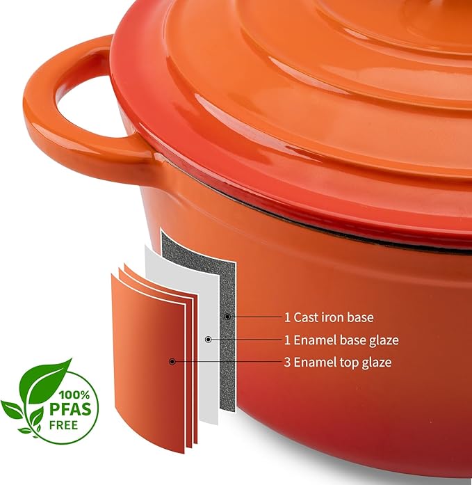 5.5QT Enameled Cast Iron Dutch Oven Pot with Lid,Heavy-Duty Cookware for Sourdough Bread Baking,Braising,Stews,Roasting,Oven Safe up to 500°F,orange