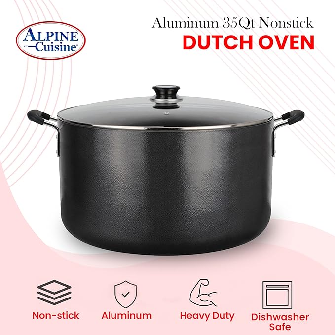 Alpine Cuisine 35 Quart Non-stick Stock Pot with Tempered Glass Lid and Carrying Handles, Multi-Purpose Cookware Aluminum Dutch Oven for Braising, Boiling, Stewing