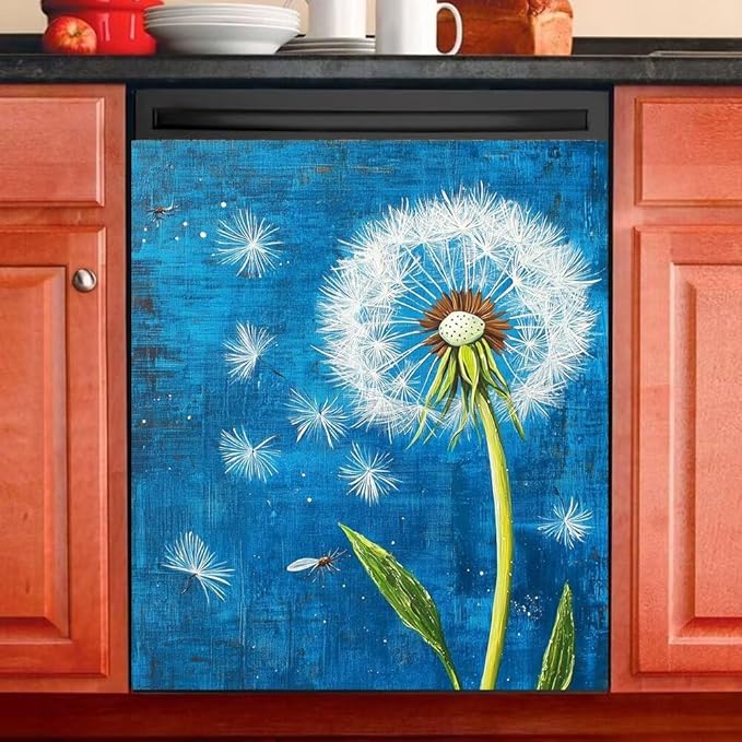 Dandelion Dishwasher Magnet Cover, Rustic Farmhouse Refrigerator Magnetic Vinyl Sticker for Dishwasher Door, Floral Decorative Kitchen Appliance Panel Decal, 23Wx26H Inches