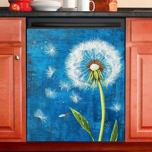 Dandelion Dishwasher Magnet Cover, Rustic Farmhouse Refrigerator Magnetic Vinyl Sticker for Dishwasher Door, Floral Decorative Kitchen Appliance Panel Decal, 23Wx26H Inches