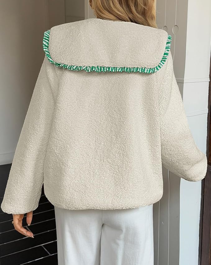 Tankaneo Womens Fuzzy Fleece Jacket Peter Pan Collar Button Down Fall Winter Sherpa Coats Colorblock Cute Warm Outerwear
