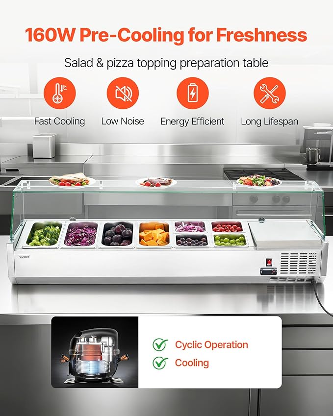 VEVOR Refrigerated Condiment Prep Station, 130 W Countertop Refrigerated Condiment Station, with Four 1/3 Pans & Four 1/6 Pans, 304 Stainless Body and PC Lid, Sandwich Prep Table with Glass Guard