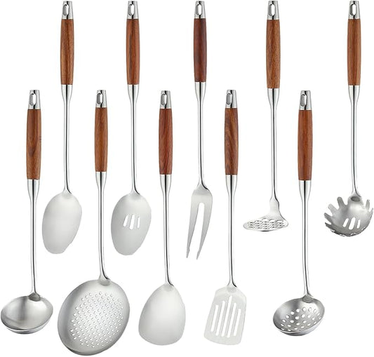 18/10 Stainless Steel Kitchen Utensils Set with Wood Handle Metal Cooking Utensils Set 10 Piece - Spatula, Spoon, Ladle, Skimmer, Slotted Turners, Pasta,Turner, Ladl, Fork