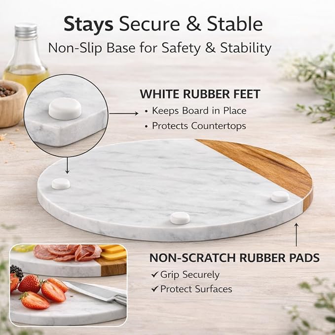 White Marble Board - Cheese Board | Acacia Wooden Serving Tray For Charcuterie, Cheese, Meats, Fruit, Crackers | Cutting Board, Serving Tray, Round Slab 10 Inches.