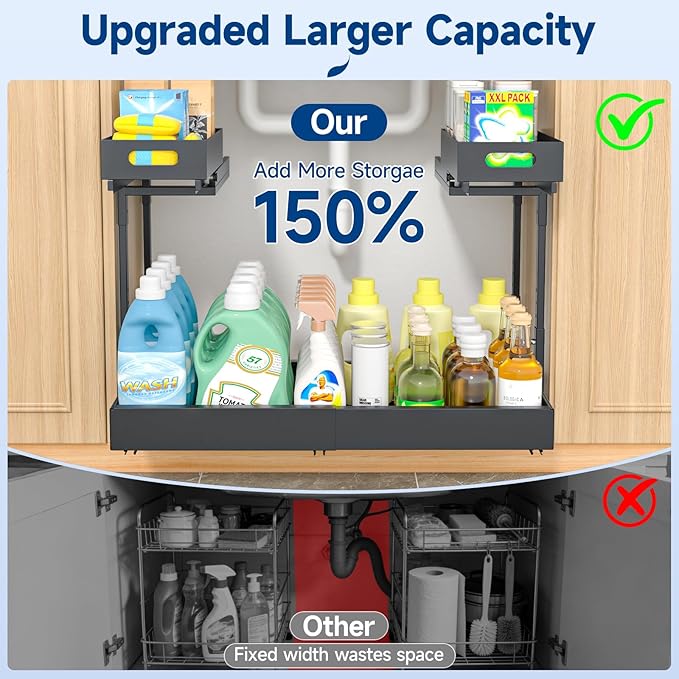 Insputer Upgrade 2 Tier Under Sink Organizer with 3 Slide Rails, Metal Under Cabinet Storage Expandable 15"-25" W & Height Adjustable, Thickened Pull Out Shelf for Bathroom, Kitchen, Laundry, Pantry