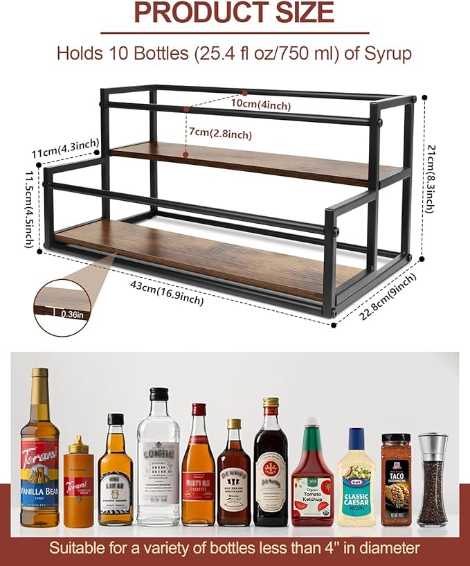 Coffee Syrup Rack Organizer, 2-Tier 10-Bottle Syrup Holder Stand for Coffee Bar & Liquor Display Shelf, Countertop Stand for Coffee Syrups, Wine, Spice, Soda Bar