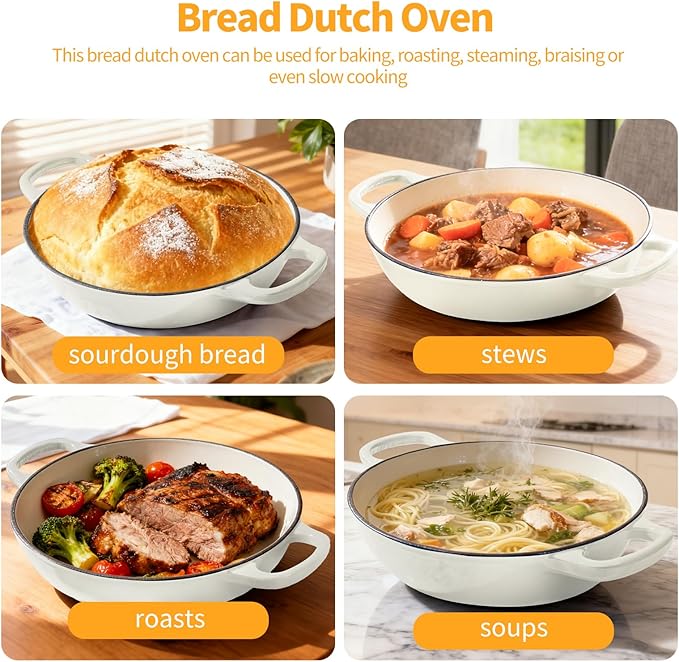 ONKO Dutch Oven For Sourdough Bread Baking, 6QT Enameled Cast Iron Dutch Oven Pot With Lid, Non-stick Sourdough Baking Pan with Bread Dome, Round Ceramic Dutch Ovens Pot with Cloche for Homemade
