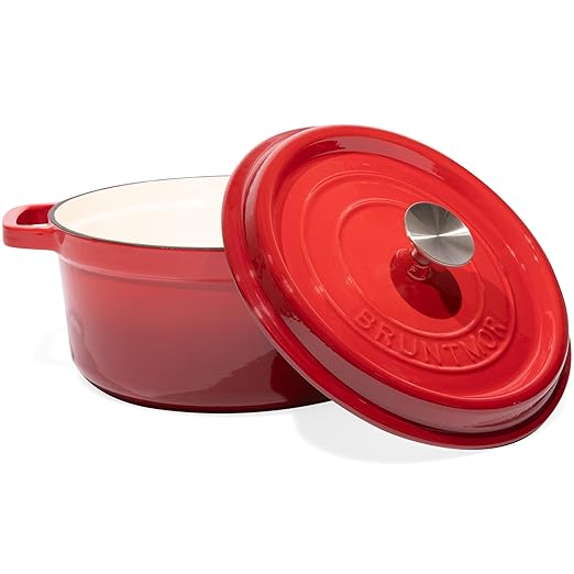Bruntmor Pre-Seasoned Enameled Cast Iron Dutch Oven with Lid and Handle - 5.2 Quart Heavy Duty Casserole Dish for Cooking, Baking, and Braising - Oven Safe, Durable, Round Cast Iron Cooking Pot - Red