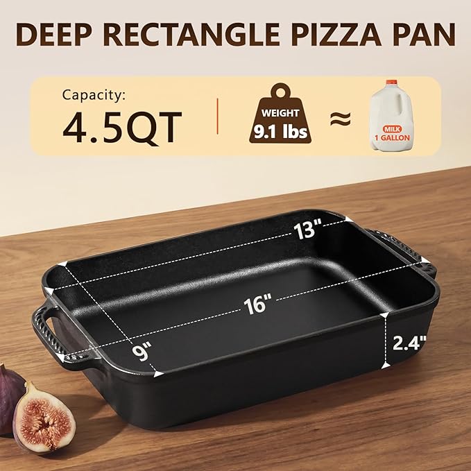 Cast Iron Detroit Pizza Pan - 9x13 Inch Pre-Seasoned Deep Baking Dish for Casserole, Focaccia, Lasagna