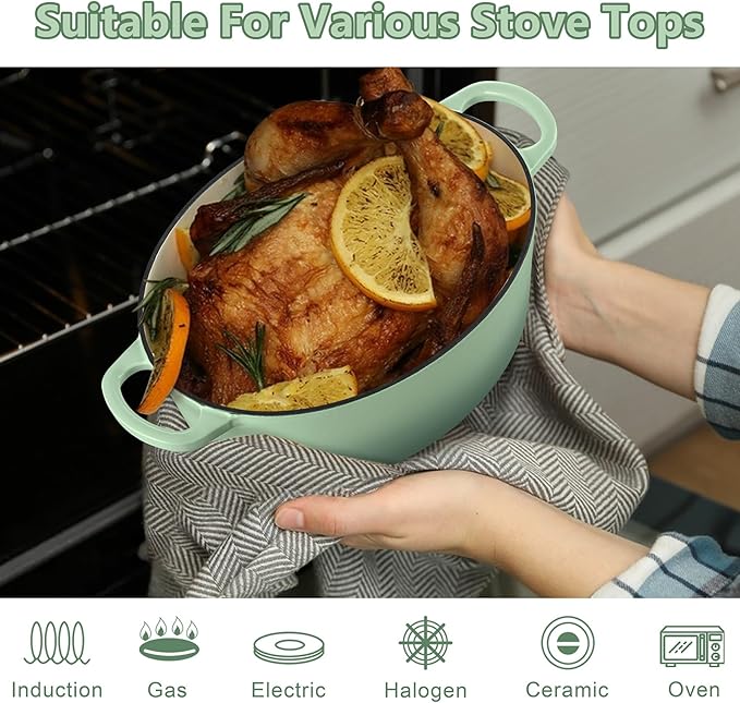 TeamFar Oval Dutch Oven, 5qt Enameled Cast Iron Dutch Oven Pot with Lid, For Bread Baking/Stewing/Braising/Frying, Suitable for Various Stoves, Dual Handles & Easy Cleanup, Pistachio Green