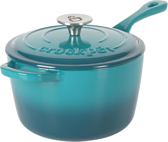 Crock-Pot 3-Quart Teal Ombre Enamel Cast Iron Saucepan with Lid – Durable Oven Safe Cookware