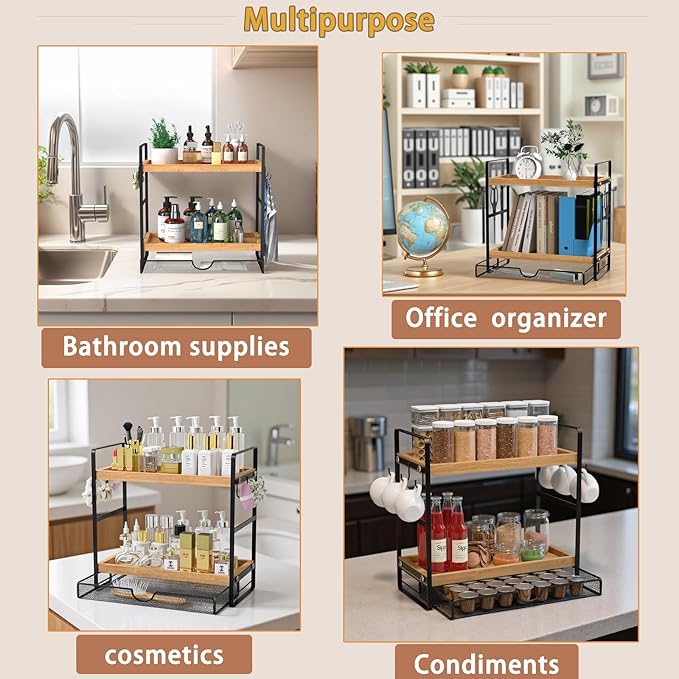 LEMIKKLE Coffee Station Organizer with Pod Holder and Drawer, Kitchen Countertop Organizer, Coffee Bar Accessories Station with Coffee Pod Storage, 2-Tier Wood Coffee Organizer With 6 Hooks