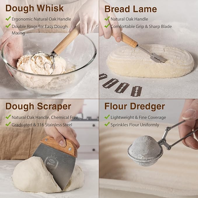 Sourdough Starter Kit, 11" Oval Wood Pulp Banneton Bread Proofing Baskets Set, Sourdough Bread Baking Supplies Making Tools with Dough Scraper, Whisk, Bread Lame, Recipe