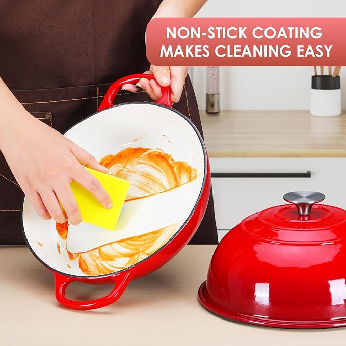 LIFERUN 6qt Enameled Cast Iron Dutch Oven for Sourdough Bread Baking, Non-Stick Dome-Shaped Bread Oven Pot with Lid, Silicone Handles and Scraper, Red