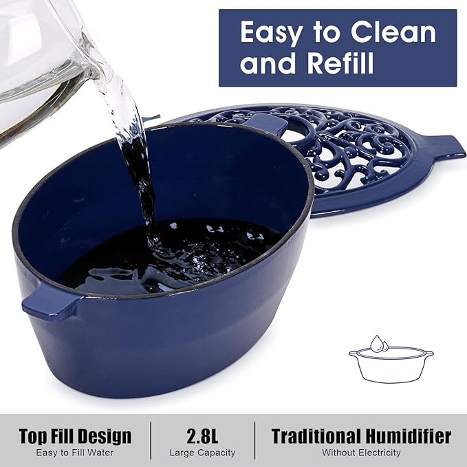 INNO STAGE Wood Stove Steamer, Cast Iron Humidifier for Stove, Home Indoor Decorative, Blue Finish, Rust Resistant, Lattice Top, 2.5 Quart Capacity, Patented