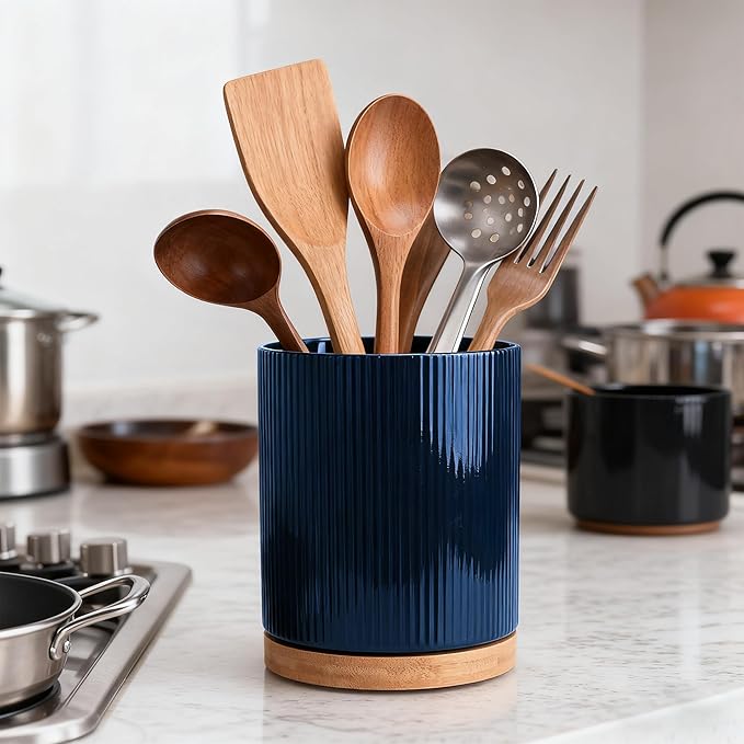 QUELIEN 360° Rotating Ceramic Utensil Crock - Large Kitchen Counter Organizer with Cork Base, Elegant Home Decor for Cooking Tools, Housewarming,Mothers Day & Christmas Gift Ideas (Blue)