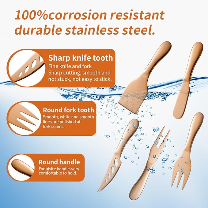 Copper Cheese Knives Set 7 Pieces Stainless Steel Kitchenware Utensils Gadgets 7 Pieces Cheese Knife,Cheese Spreader,Cheese Forks,Cheese Slicer,Cheese Cutter,Butter Knife