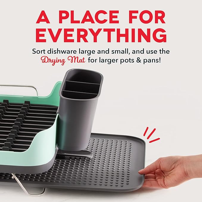 DASH SmartStore™ Full Size Dish Rack – Plates, Cups, Utensil Holder, Knife Slot, Drainage Spout + Drying Mat – Aqua