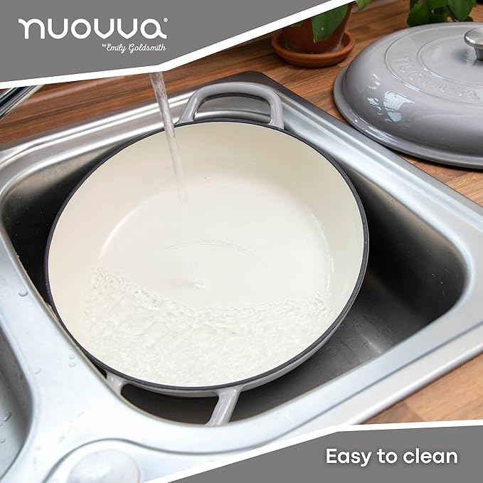 Shallow Cast Iron Casserole with Lid – Non Stick Dutch Oven Pot, Oven Safe up to 500° F – Sturdy Ovenproof Stockpot Cookware – Enamelled Cooking Pot – Grey, 5-Quart, 32cm – by Nuovva