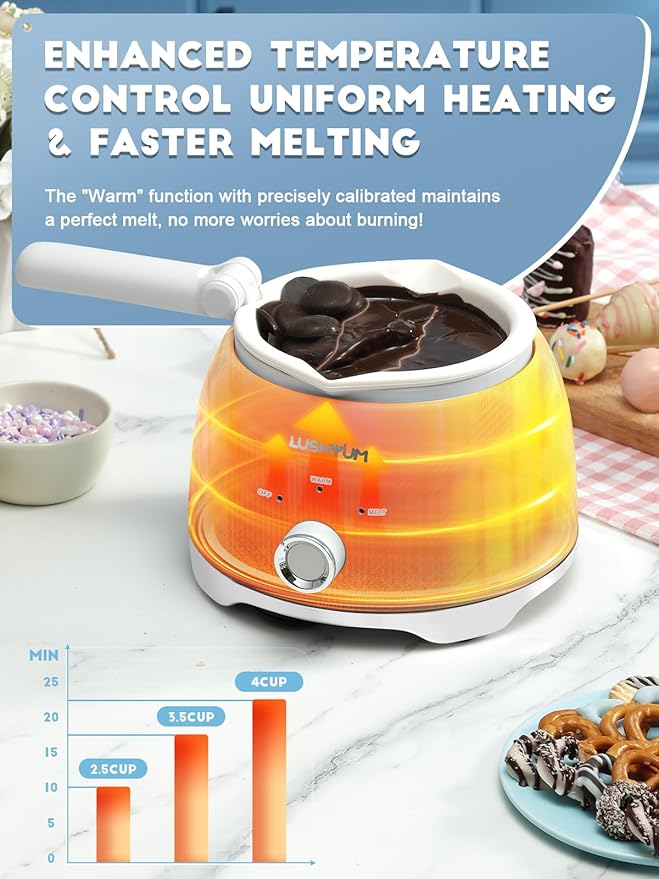 Chocolate Melting Pot Candy Melts Melter with 2 Insert Pots and Spatula, 4 Cups Capacity Warmer Machine, Ideal Dipping Tool Kitchen Supplies for Making Cake Pop Covered Strawberries Fondue