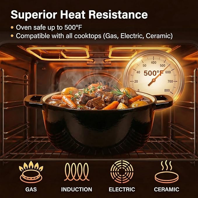 7QT Enamel Cast Iron Dutch Oven with Lid,Dual Handles,Versatile Heavy-Duty Non-toxic Cookware for Sourdough Bread Baking,Braising,Stews,Roasting,Oven Safe up to 500°F black