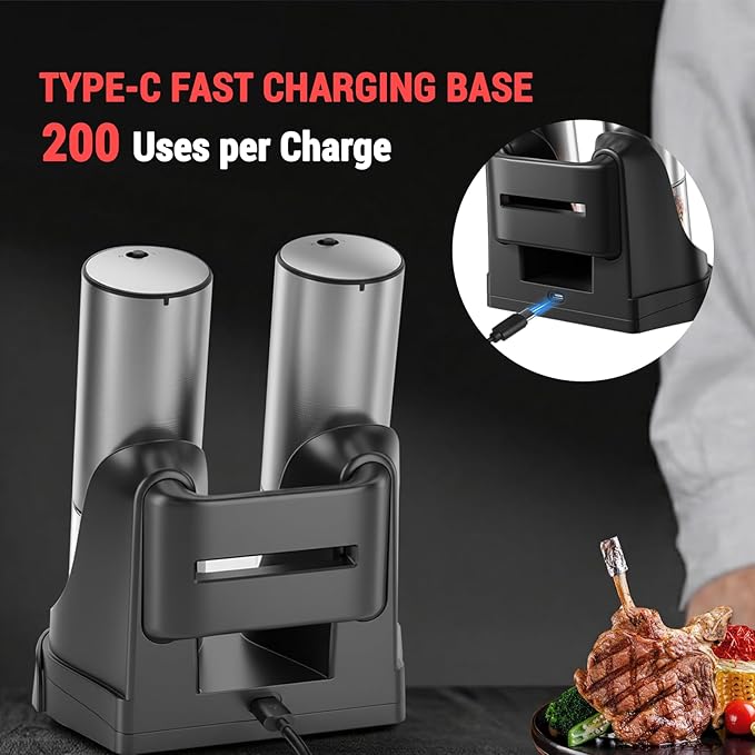 [Upgraded Larger Capacity] Electric Salt and Pepper Grinder Set with USB Charging Base, 95ml Large Capacity, Adjustable Coarseness,Stainless Steel Automatic Pepper Mill (Upgraded Adjustment-B)