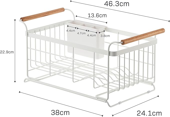 YAMAZAKI Home Tosca Over-The-Sink Dish Rack, Expandable, Plate Drying Organizer, with Cutlery Holder - Steel + Wood -