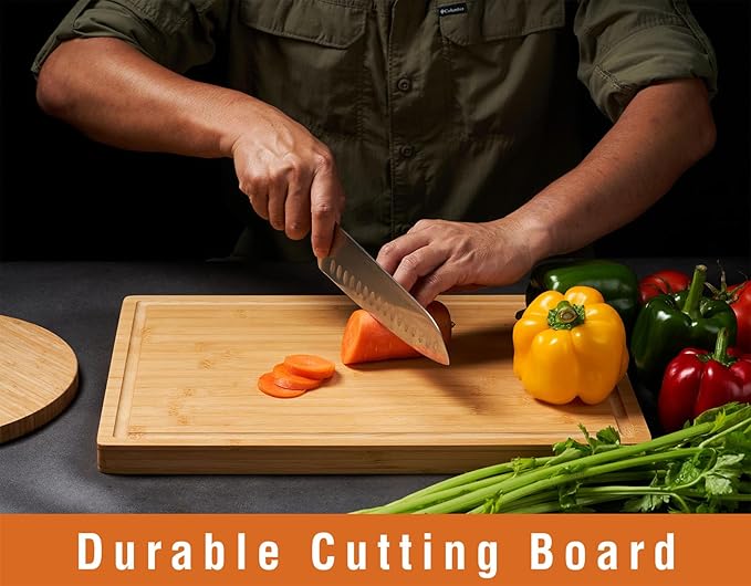 Large Bamboo Wood Cutting Boards for Kitchen, 1" Thick Charcuterie Boards, Butcher Block with Juice Grooves & Handles