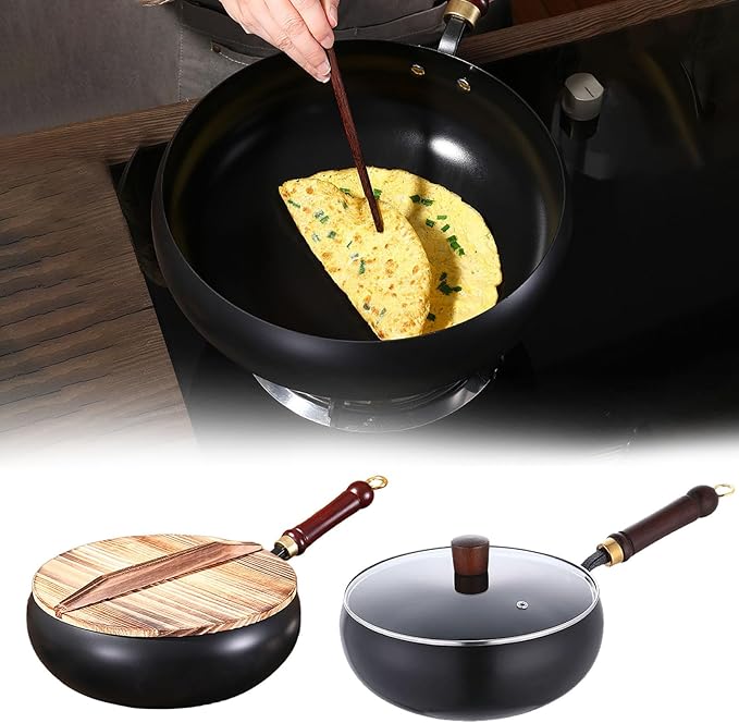 Cast Iron Skillet, Uncoating Cast Iron Pot, Japanese Hand-Forged Non-Stick Ironpan, Hand Forged Frying Pan with Lid and Wooden Handle, for Gas Stoves Induction Hobs (Wooden Lid)