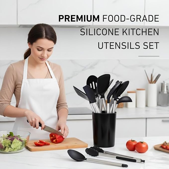Silicone Kitchen Utensils Set 33 PCS silicone utensils set for cooking with Stainless Handles - Heat Resistant Food Grade Utensil Sets, BPA Free Kitchen Gadgets Tools Set for Nonstick Cookware (Black)