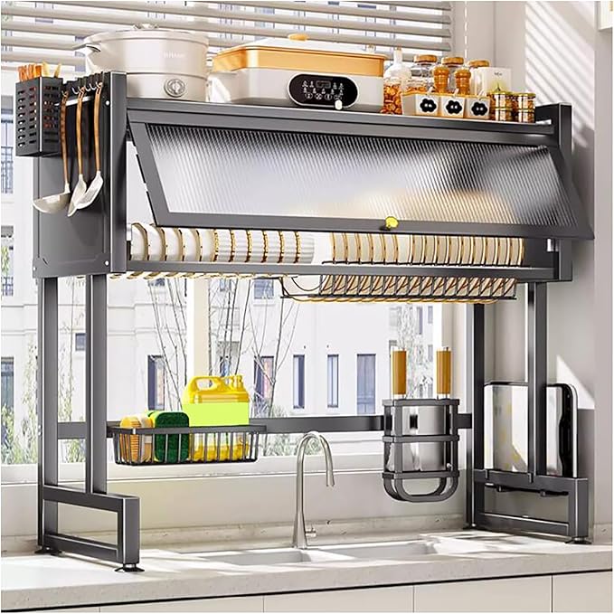 Over The Sink Dish Drying Rack with Cover, 2 Tier Large Capacity Organizer Stand for Kitchen Counter, Storage for Plates Bowls Pots, Black