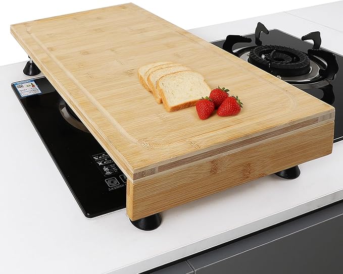 12.6 x 22 Inch Bamboo Cutting Board, Over-the-Sink and Stovetop Cover Board with Detachable Legs & Front Lip, Space Saving Countertop Board
