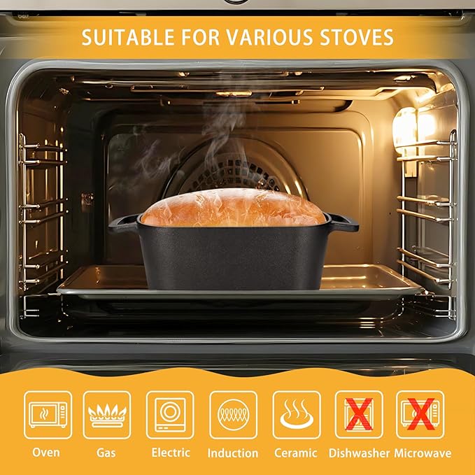 3.6QT Oval Dutch Oven for Bread Baking - Pre-Seasoned Cast Iron Sourdough Bread Pan with Lid
