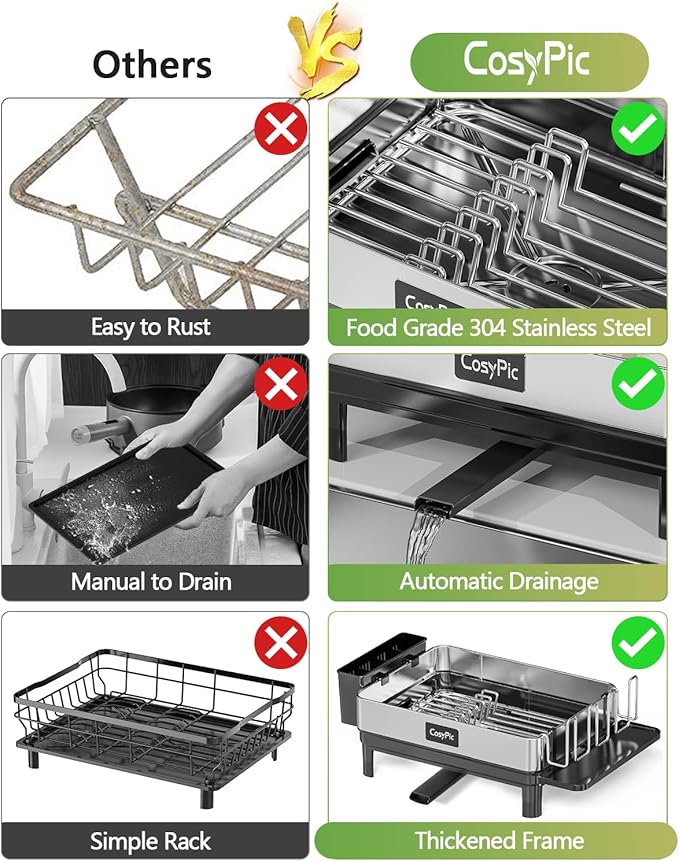 Dish Drying Rack, Thicker Premium 304 Stainless Steel Dish Racks for Kitchen Counter, Sink, Large Dish Drainer & Drainboard Set with Utensil Holder and Cup Holder, Pink