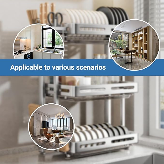 Stainless Steel Kitchen Dish Drying Rack with Drain Board Wall-mounted and Freestanding Countertop Dish Storage Rack Over Sink for Countertop Storage(Gray,Freestanding Three layers)